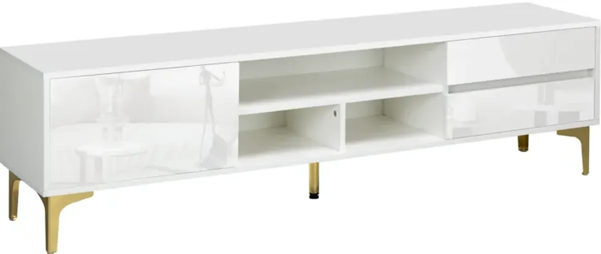 White TV stand with LED lights and gold legs