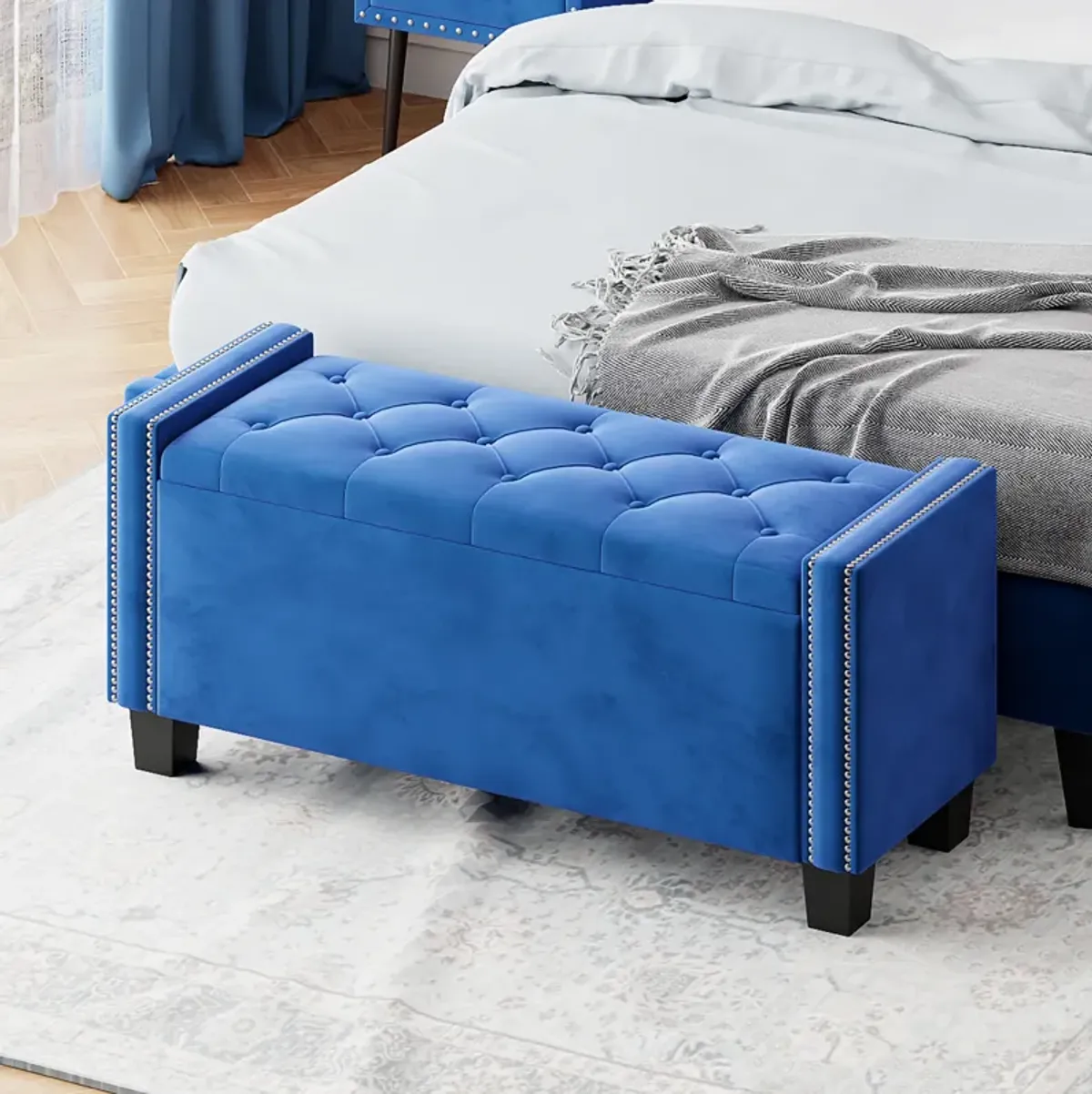 Upholstered Velvet Storage Bench with Rivet Design for Bedroom or Entryway
