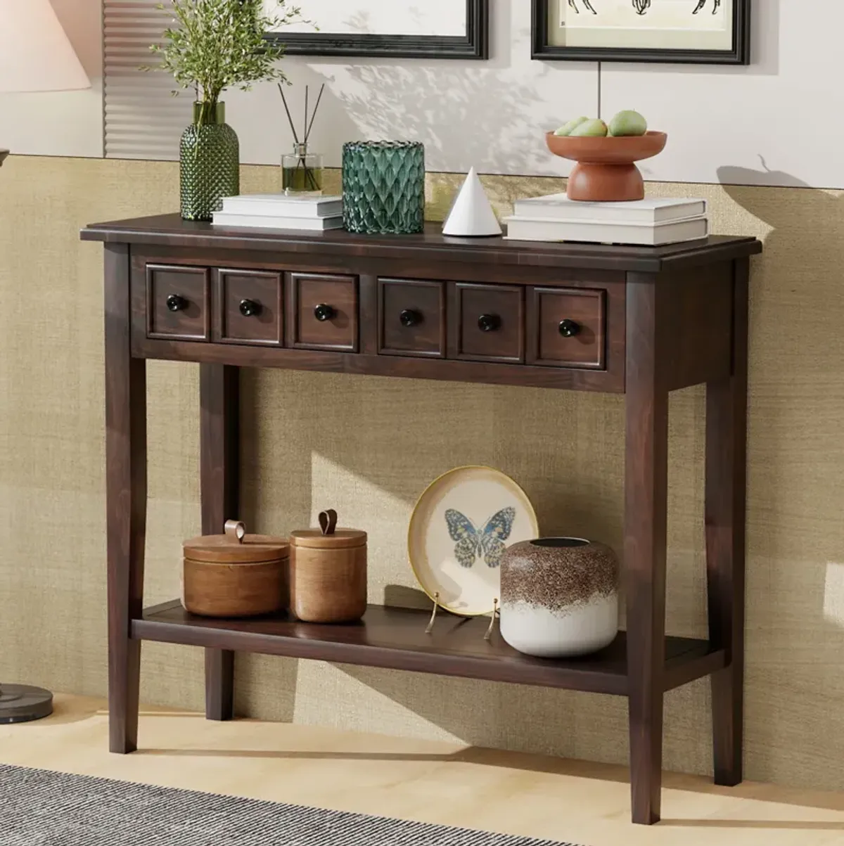 Merax Rustic Console Table with Drawers and Open Shelf