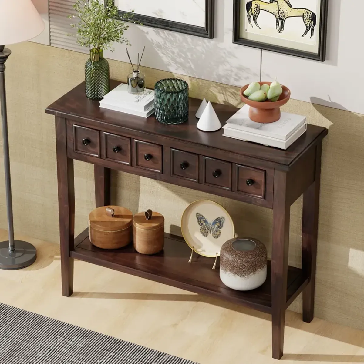 Merax Rustic Console Table with Drawers and Open Shelf