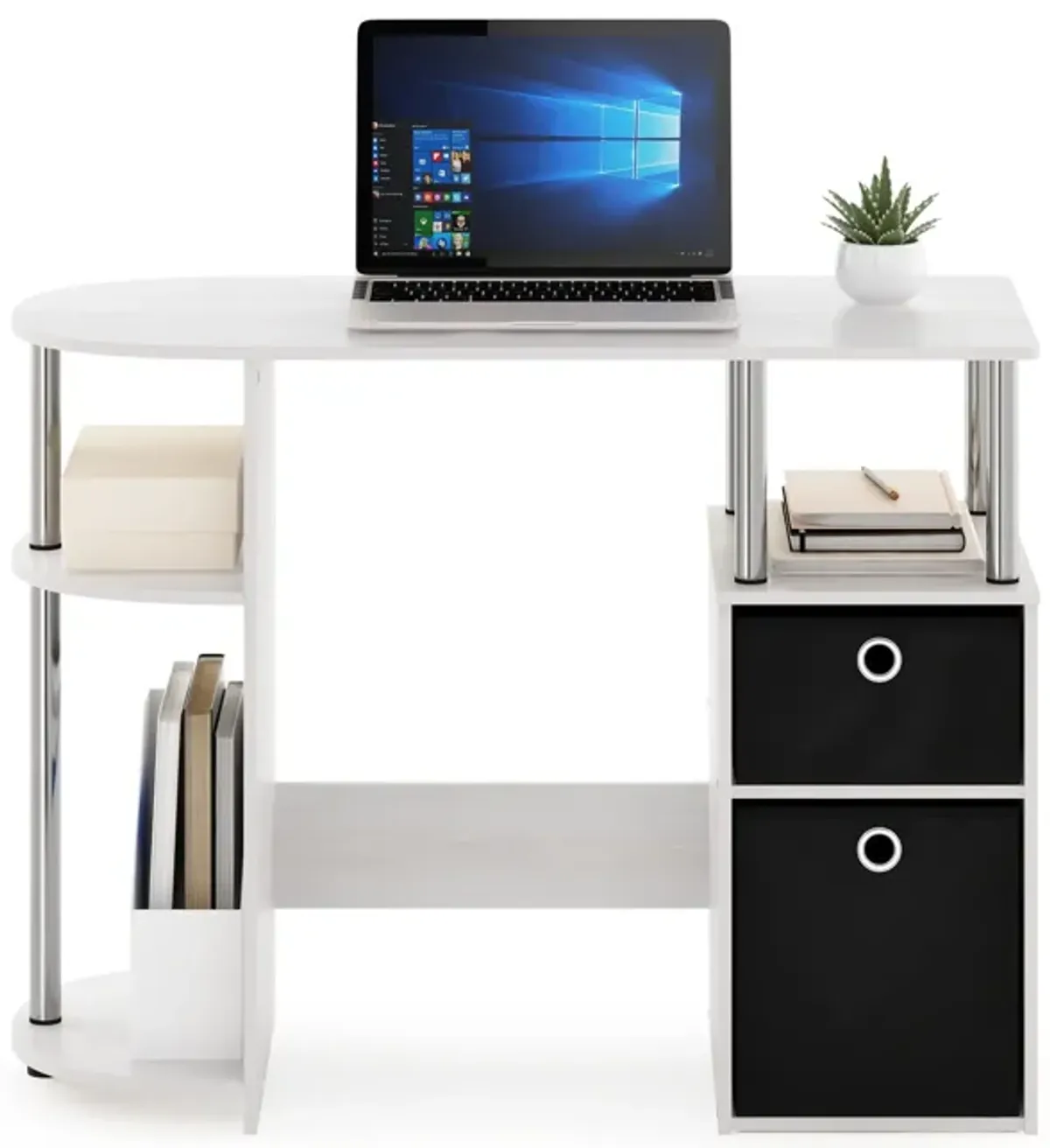 Furinno Furinno JAYA Simplistic Computer Study Desk with Bin Drawers  White Oak  Stainless Steel Tubes