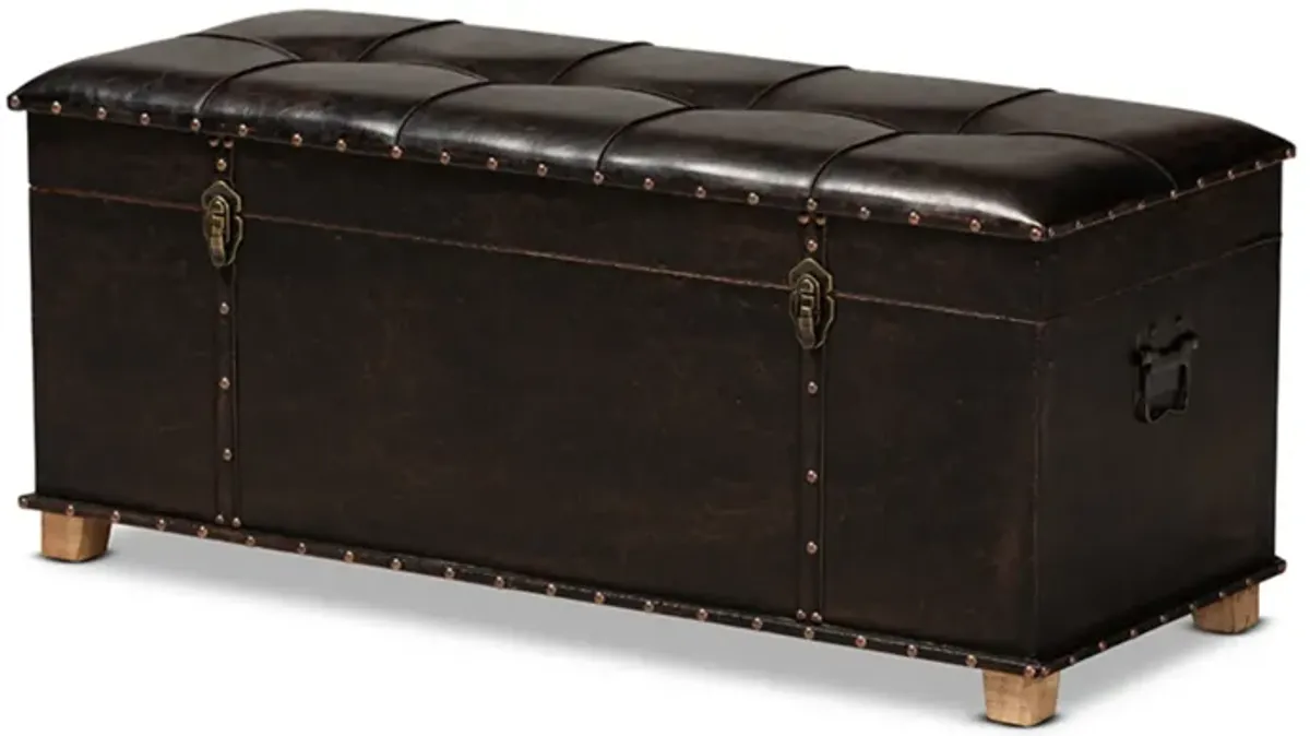 Baxton Studio Janna Rustic Transitional Dark Brown Faux Leather Upholstered and Oak Brown Finished Wood Storage Ottoman