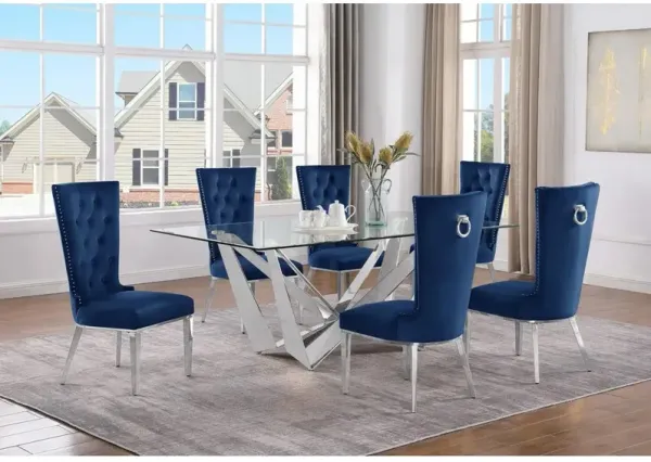 7pc Small(78") glass dining set with silver base and 6 Navy blue side chairs
