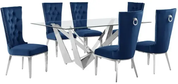 7pc Small(78") glass dining set with silver base and 6 Navy blue side chairs