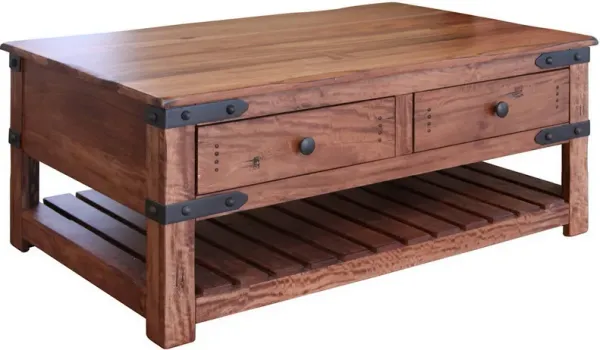 Umey 50 Inch 4 Drawer Coffee Table, Slatted Bottom Shelf, Brown Solid Wood