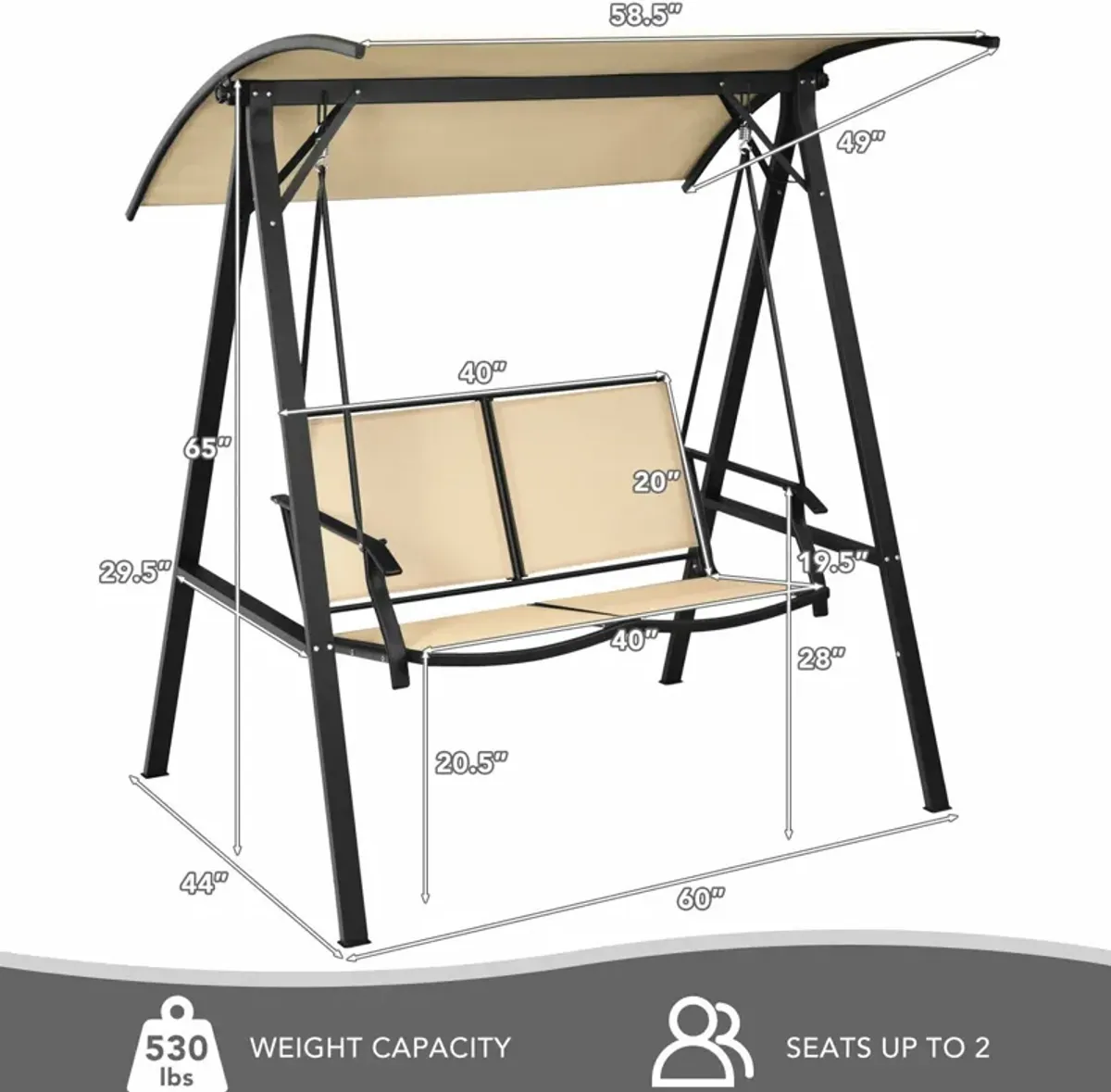 2 Person Patio Swing with Weather Resistant Glider and Adjustable Canopy