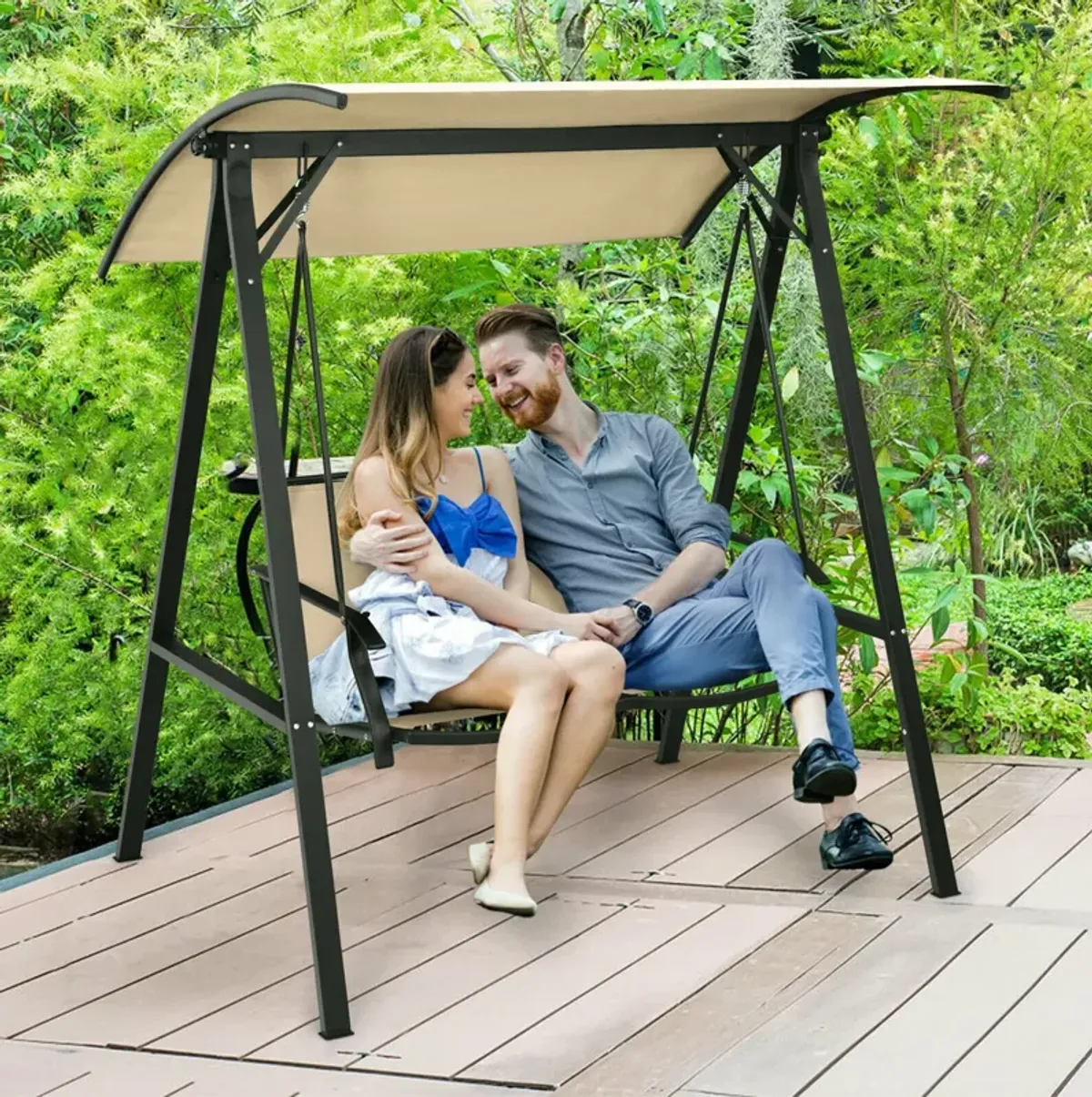 2 Person Patio Swing with Weather Resistant Glider and Adjustable Canopy