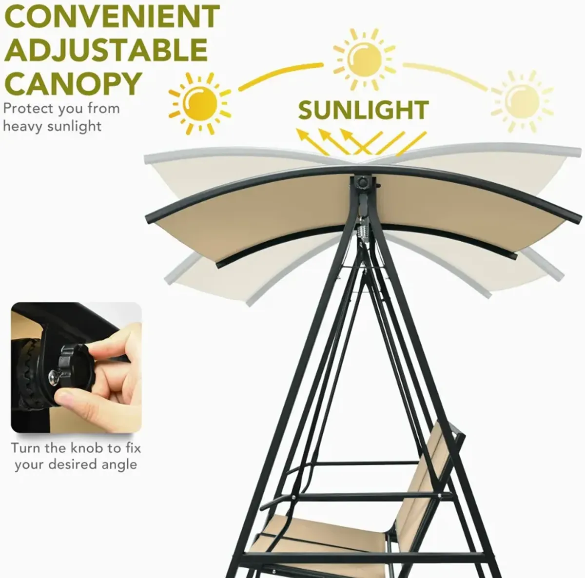 2 Person Patio Swing with Weather Resistant Glider and Adjustable Canopy