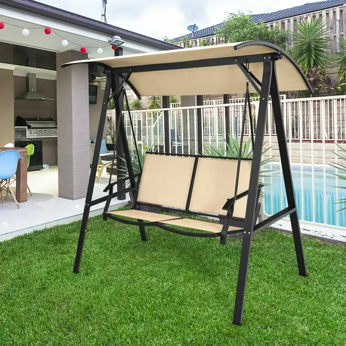 2 Person Patio Swing with Weather Resistant Glider and Adjustable Canopy