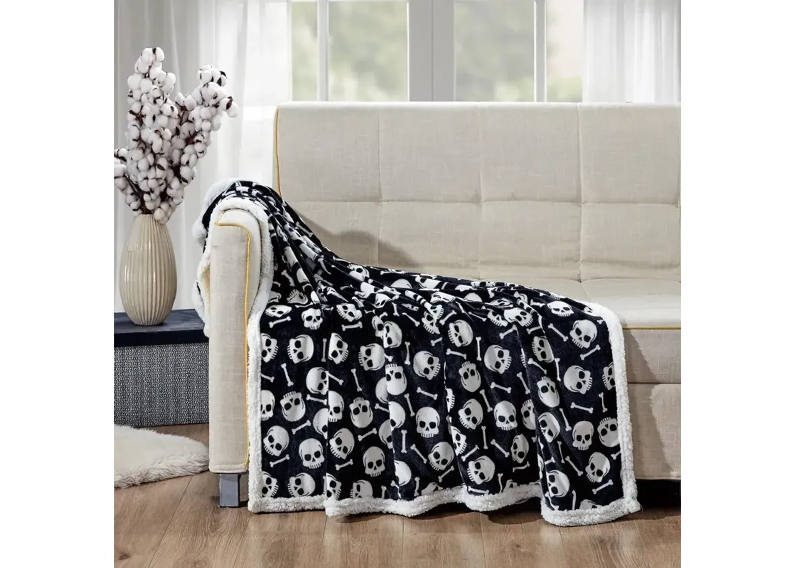 Skull & Bones Faux Shearling Micro Plush Throw Blanket 50" x 60" Black & White by Plazatex