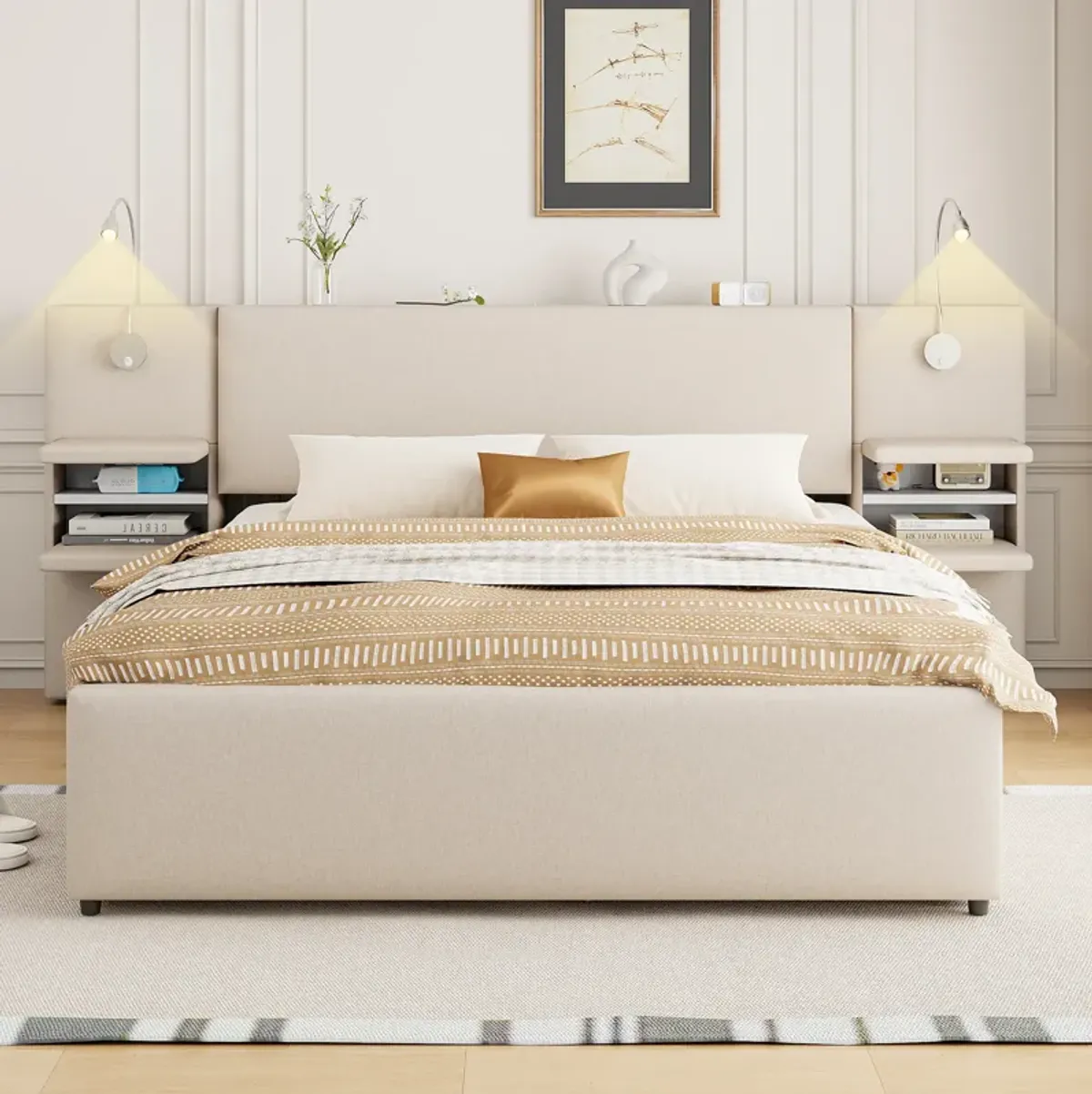 Merax Upholstered Platform Bed with Reading Lights