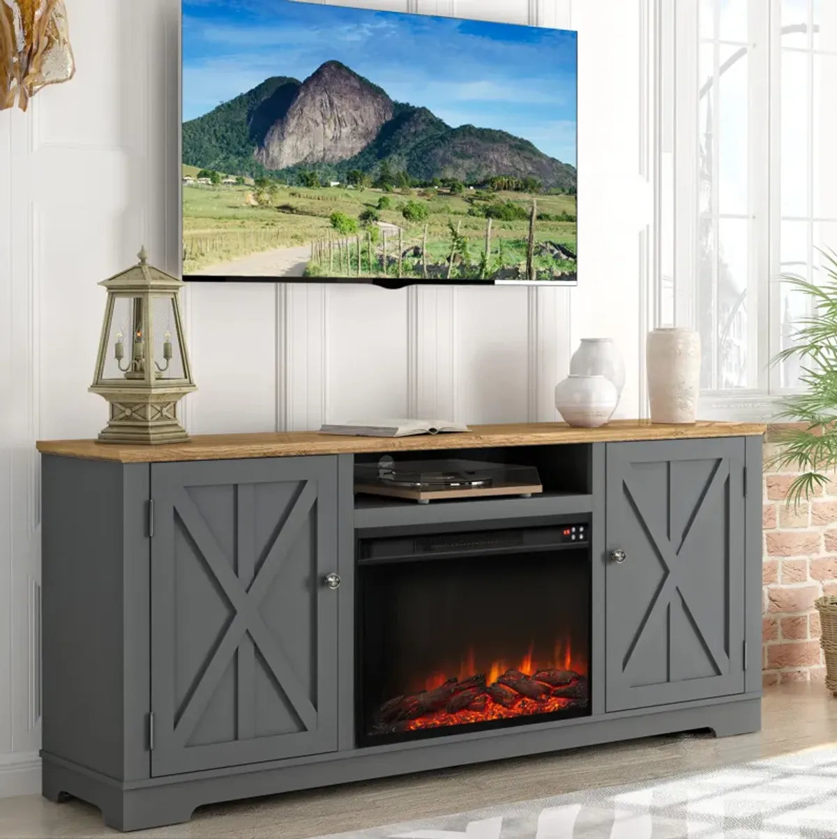 FESTIVO 70" Farmhouse TV Stand Console for TVs up to 75 inch w/ Fireplace