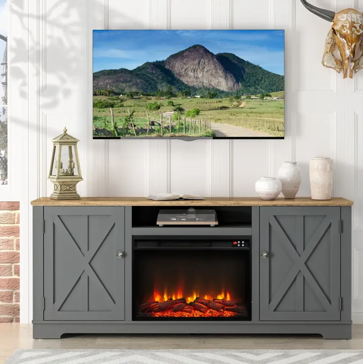 FESTIVO 70" Farmhouse TV Stand Console for TVs up to 75 inch w/ Fireplace