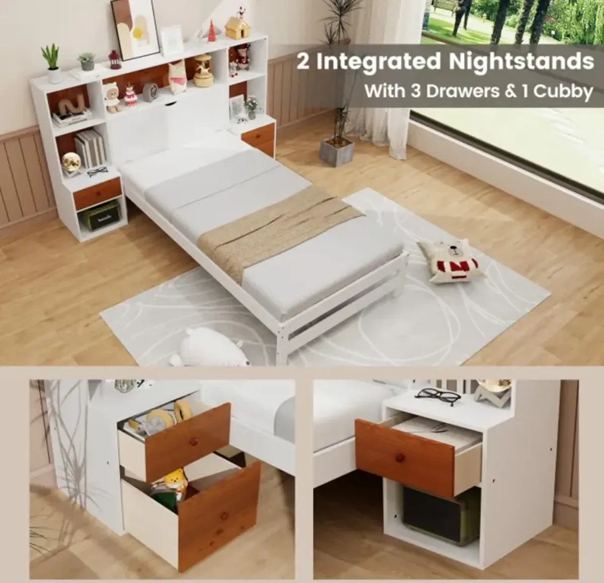 Bed Frame with Storage Headboard and Nightstands-Twin Size