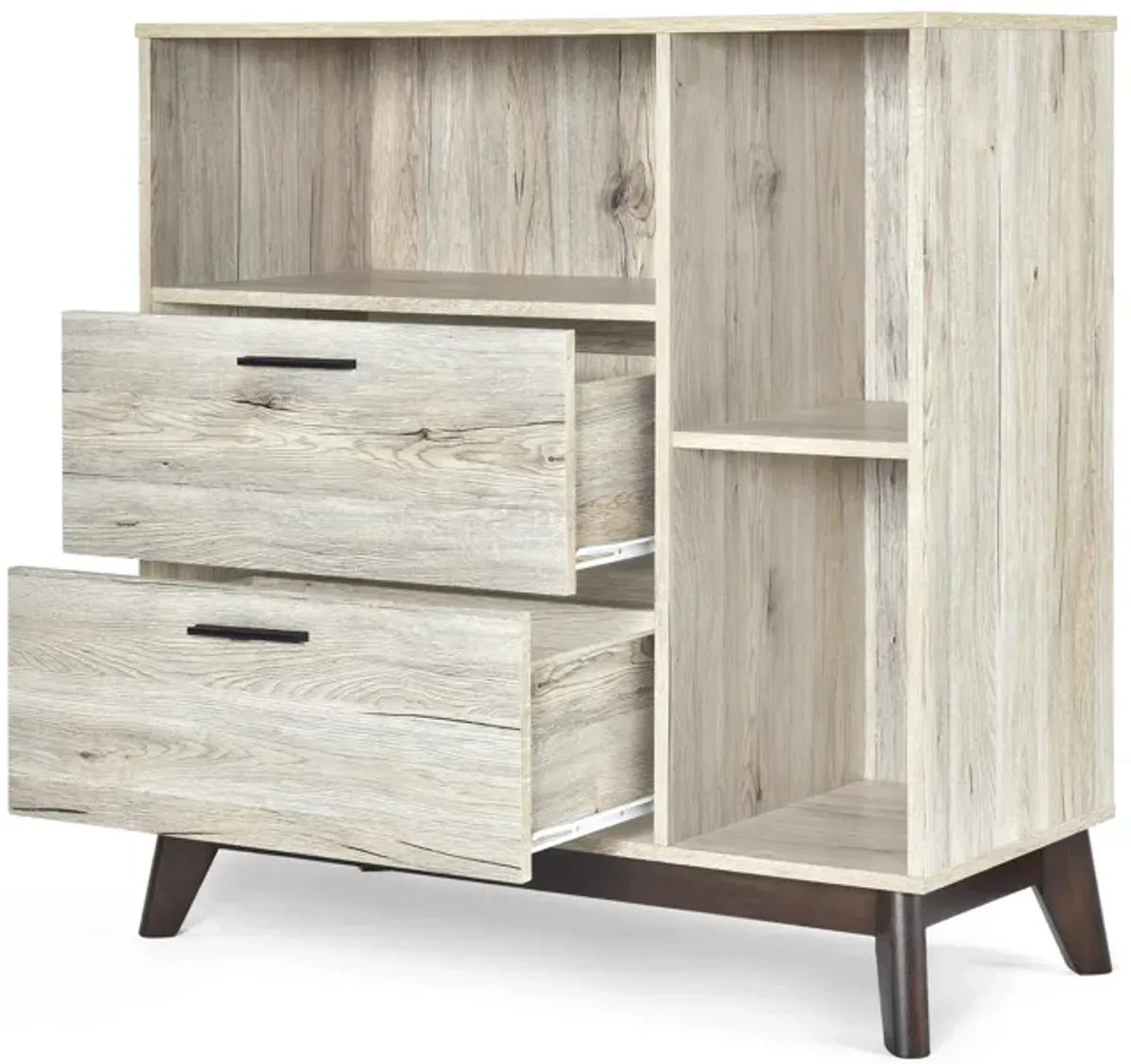 Merax Mid-Century Modern Storage Cabinet - Faux Wood with Cubby Shelves & 2 Drawers, Splayed Legs Design for Lounge