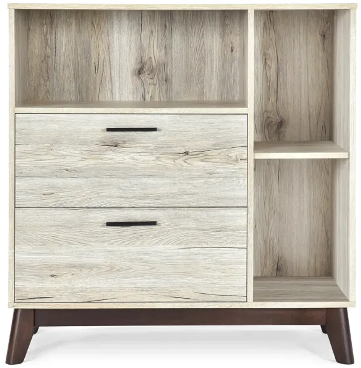Merax Mid-Century Modern Storage Cabinet - Faux Wood with Cubby Shelves & 2 Drawers, Splayed Legs Design for Lounge