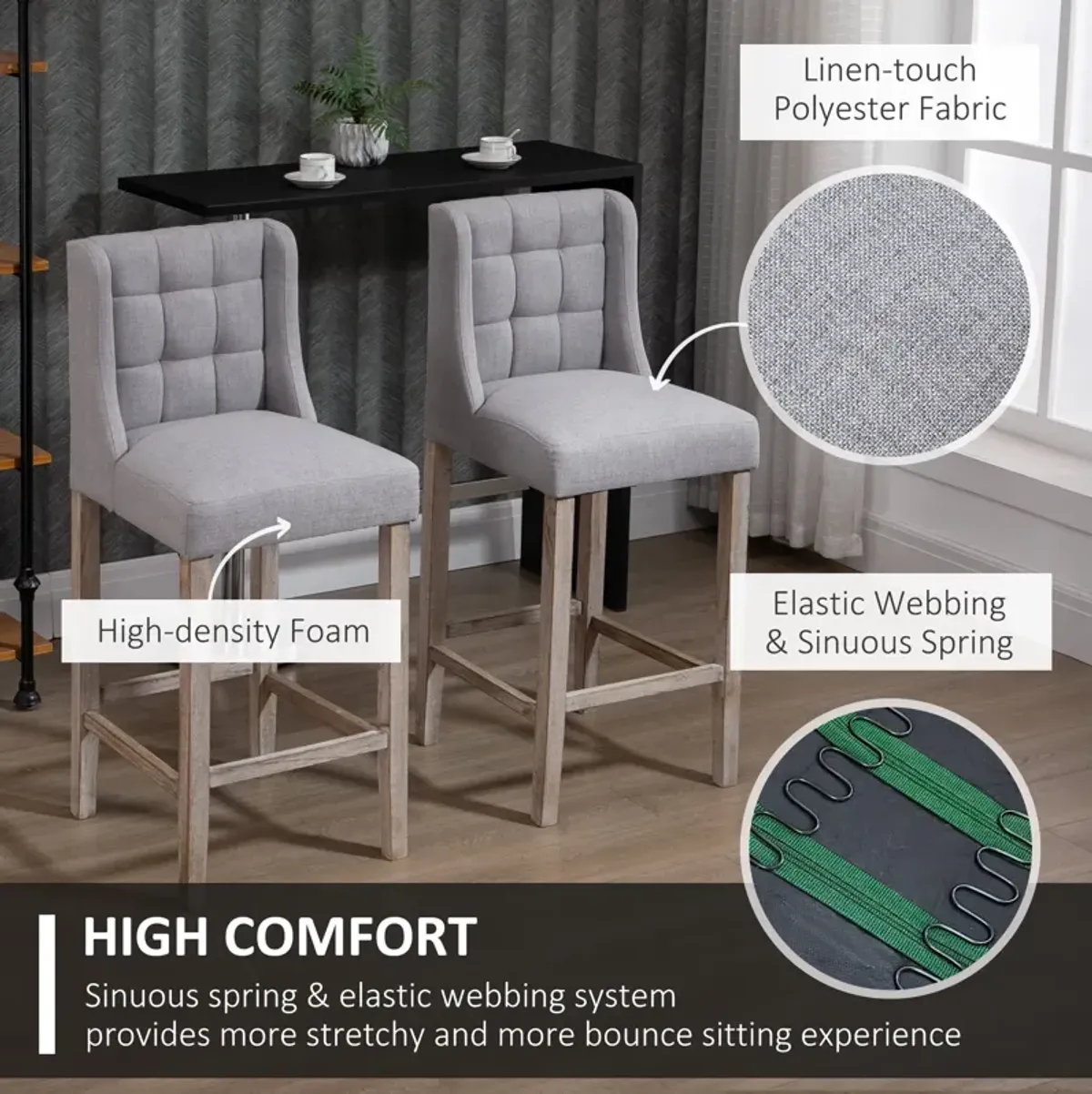 Classic Gray Bar Seats: Linen-Touch Tufted Stools with Back Support