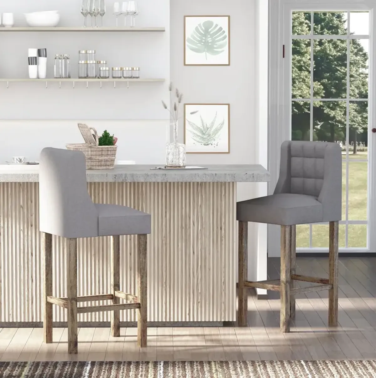 Classic Gray Bar Seats: Linen-Touch Tufted Stools with Back Support