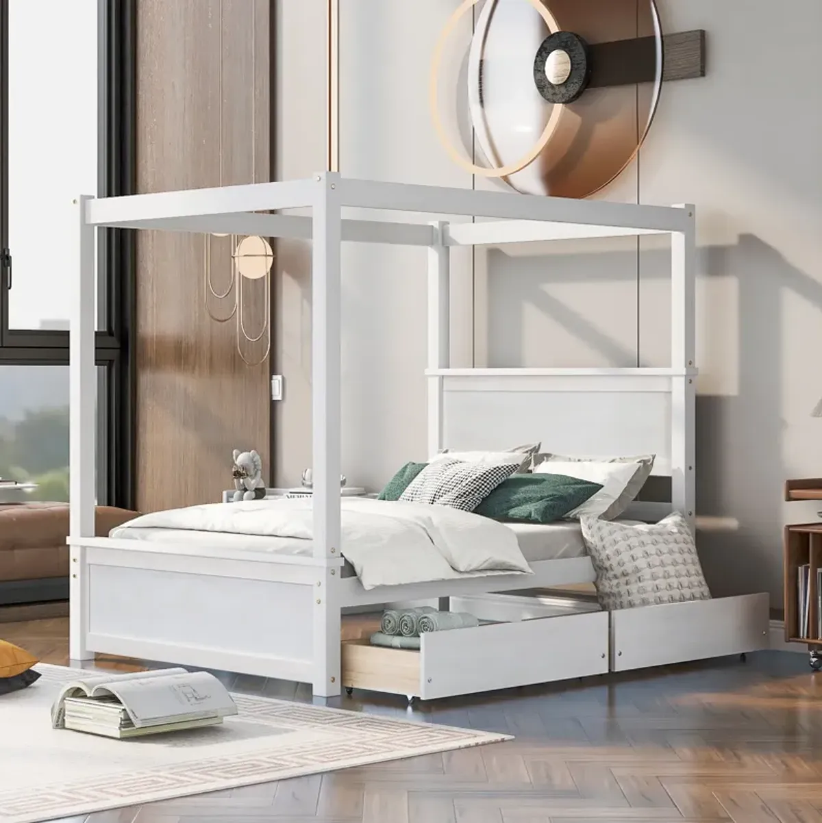 Streamdale Full-size wood canopy bed with drawers, no box spring needed