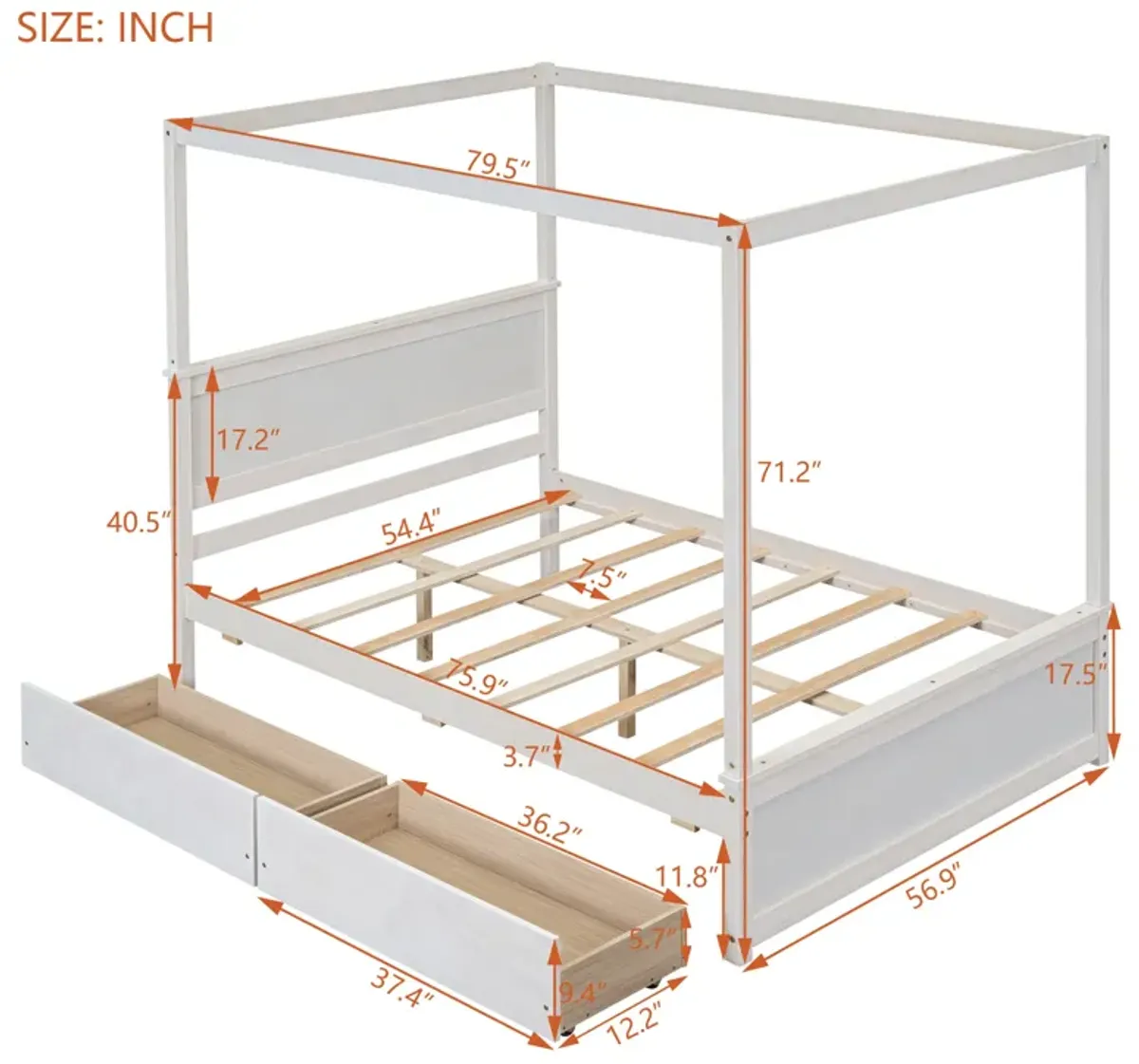 Streamdale Full-size wood canopy bed with drawers, no box spring needed