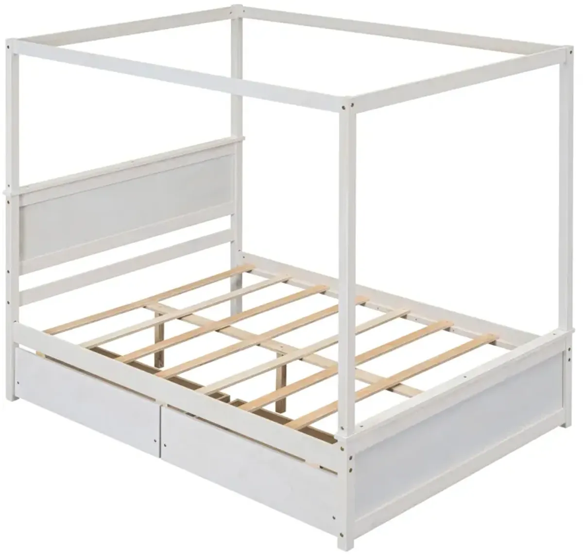 Full-size wood canopy bed with drawers, no box spring needed