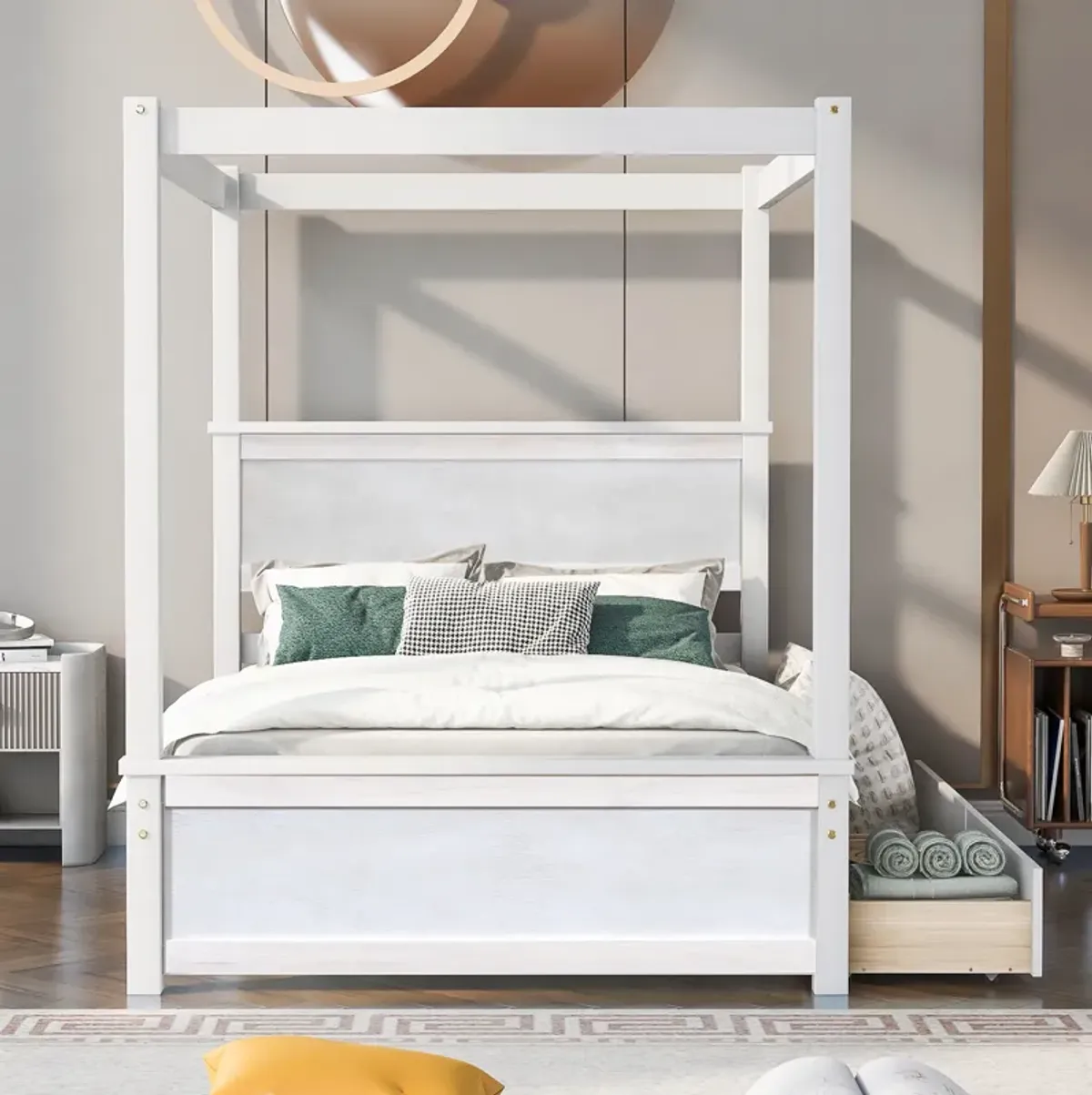 Streamdale Full-size wood canopy bed with drawers, no box spring needed