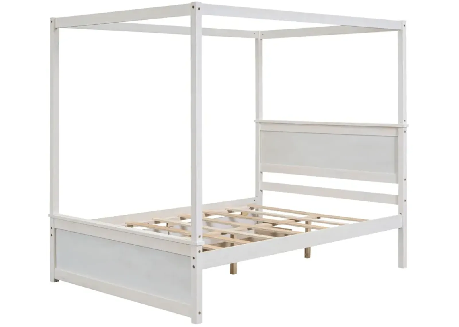 Full-size wood canopy bed with drawers, no box spring needed