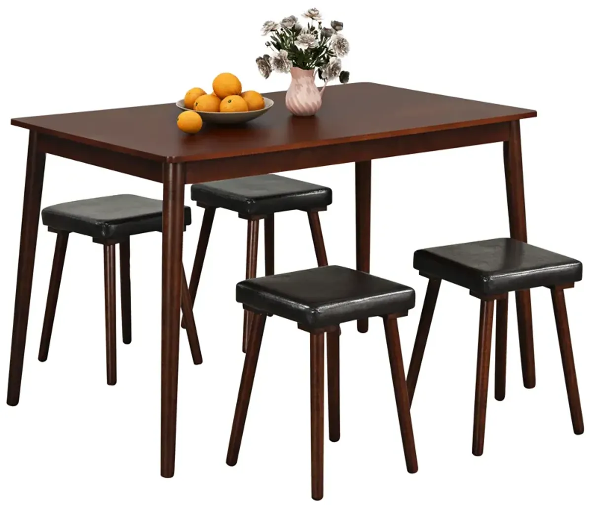 5 Piece Dining Table Set for 4 with 4 Upholstered Stools and Rubber Wood Legs