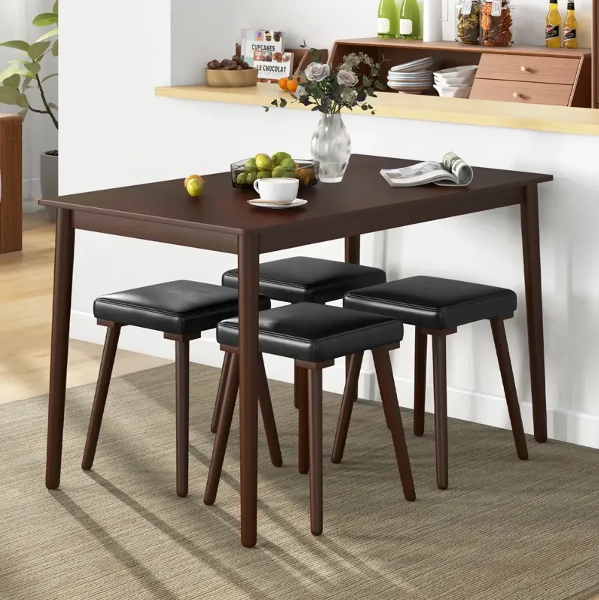 5 Piece Dining Table Set for 4 with 4 Upholstered Stools and Rubber Wood Legs