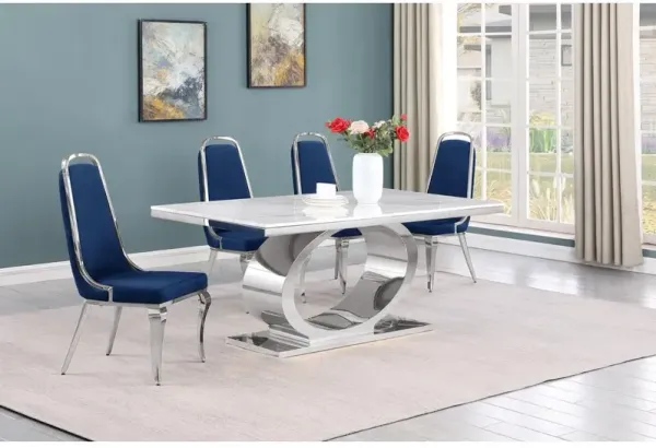 5pc Small(68") marble top dining set with silver base and 4 Navy blue chairs
