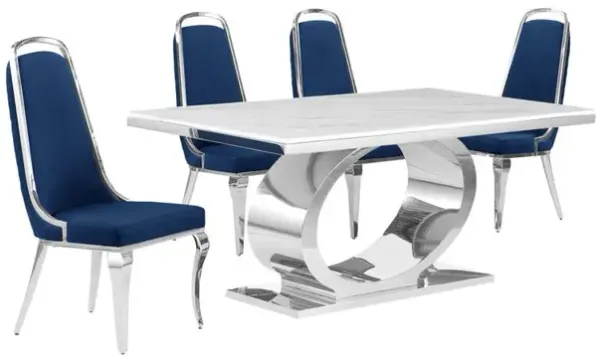 5pc Small(68") marble top dining set with silver base and 4 Navy blue chairs