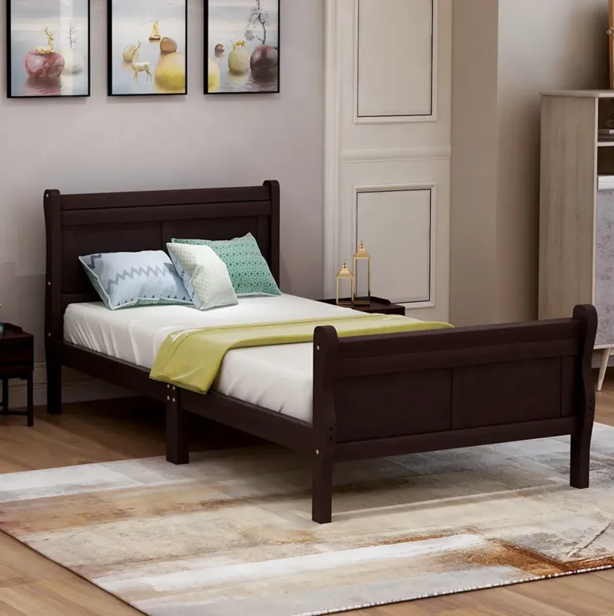 Whisen Wood Platform Twin Bed Frame with Sleigh Design, Headboard, Footboard, and Sturdy Slat Support - Espresso