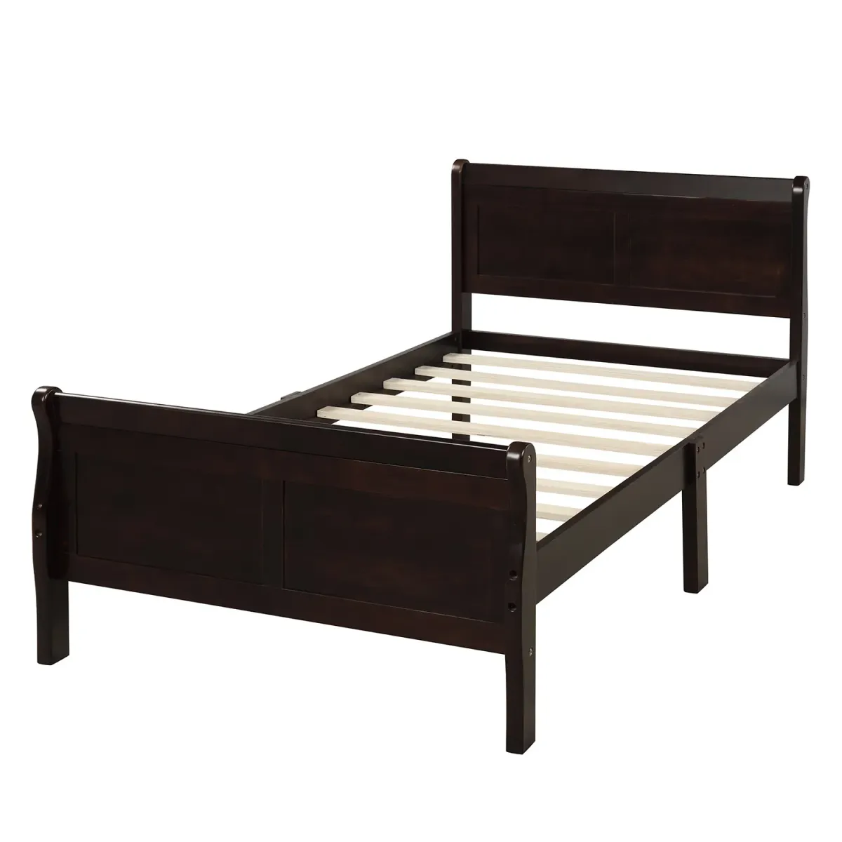 Whisen Wood Platform Twin Bed Frame with Sleigh Design, Headboard, Footboard, and Sturdy Slat Support - Espresso
