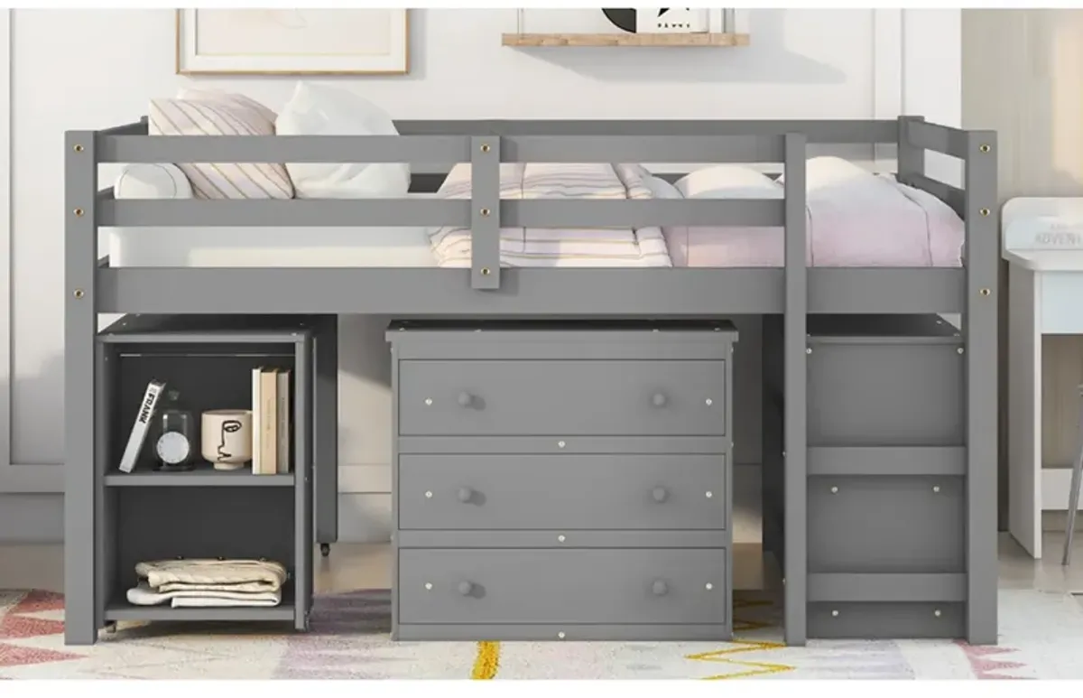 Low Study Full Loft Bed With Cabinet, Shelves And Rolling Portable Desk, Multiple Functions