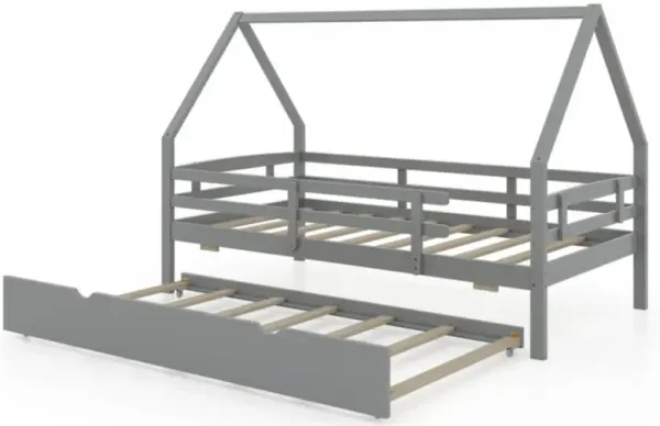 Hivvago Twin House Bed with Trundle and Fence Rail