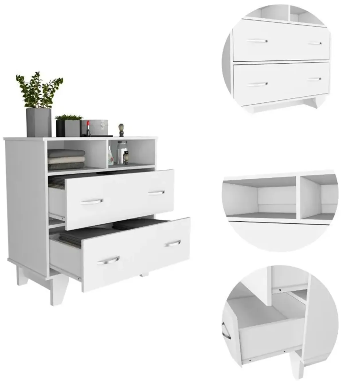 DEPOT E-SHOP Stamford Two Drawer Dresser, Four Legs, Two Open Shelves, Countertop-White, For Living Room