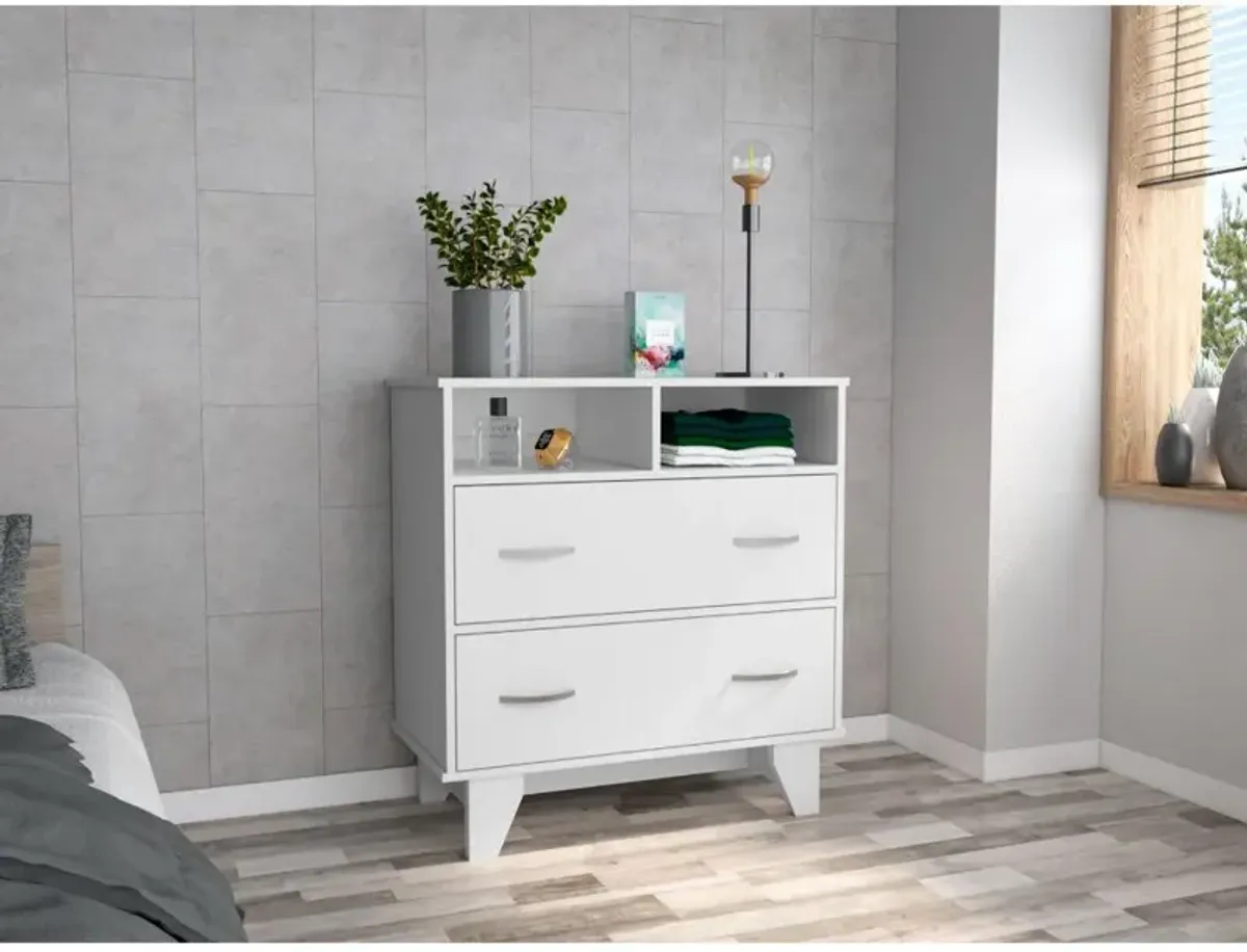 DEPOT E-SHOP Stamford Two Drawer Dresser, Four Legs, Two Open Shelves, Countertop-White, For Living Room