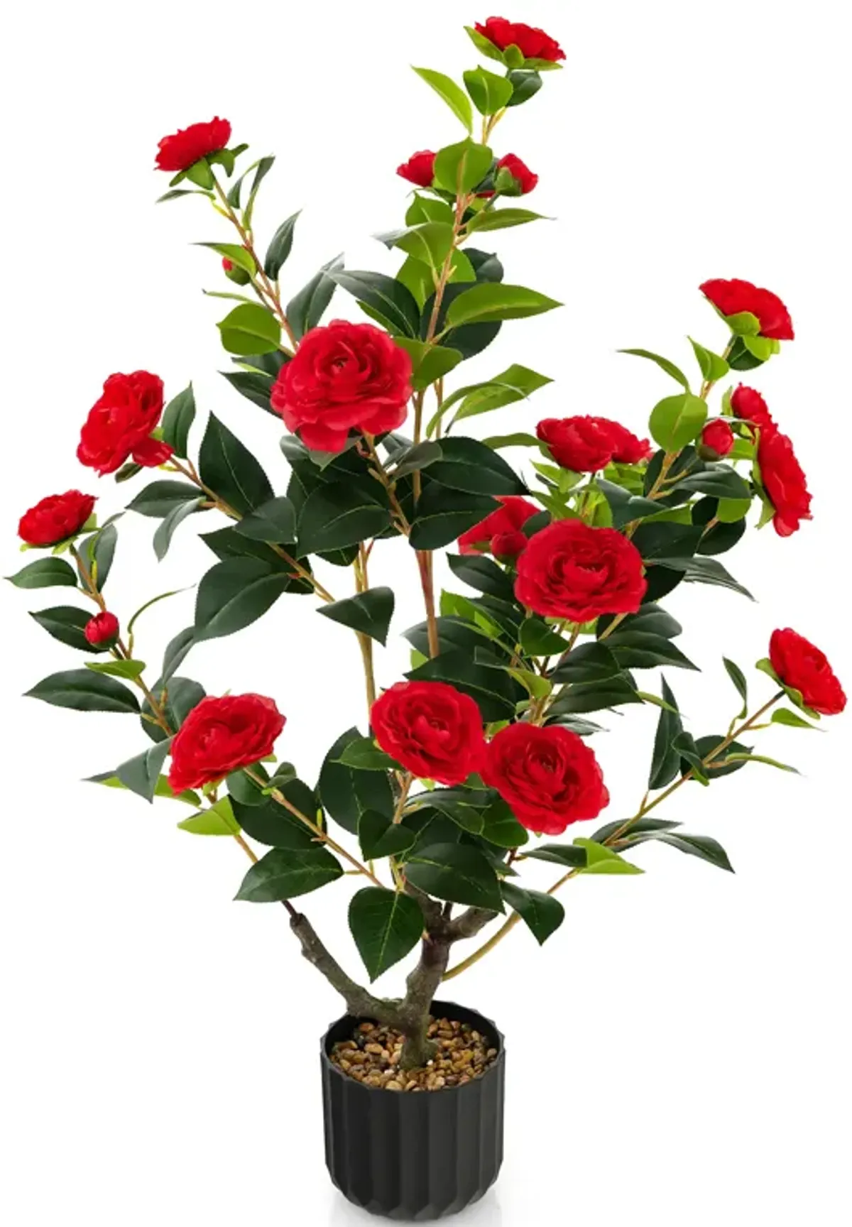 38 Inch Artificial Camellia Tree Faux Flower Plant in Cement Pot 2 Pack