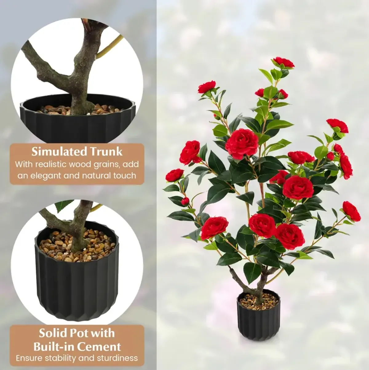 38 Inch Artificial Camellia Tree Faux Flower Plant in Cement Pot 2 Pack