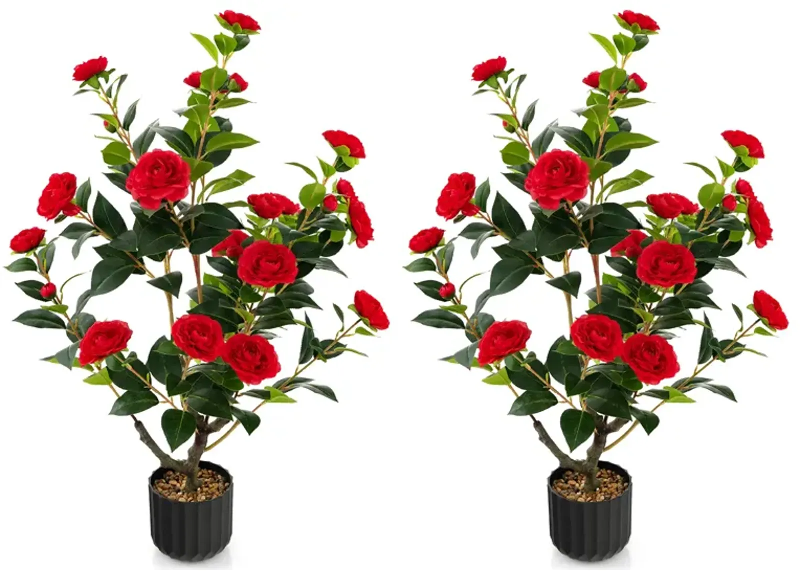 38 Inch Artificial Camellia Tree Faux Flower Plant in Cement Pot 2 Pack