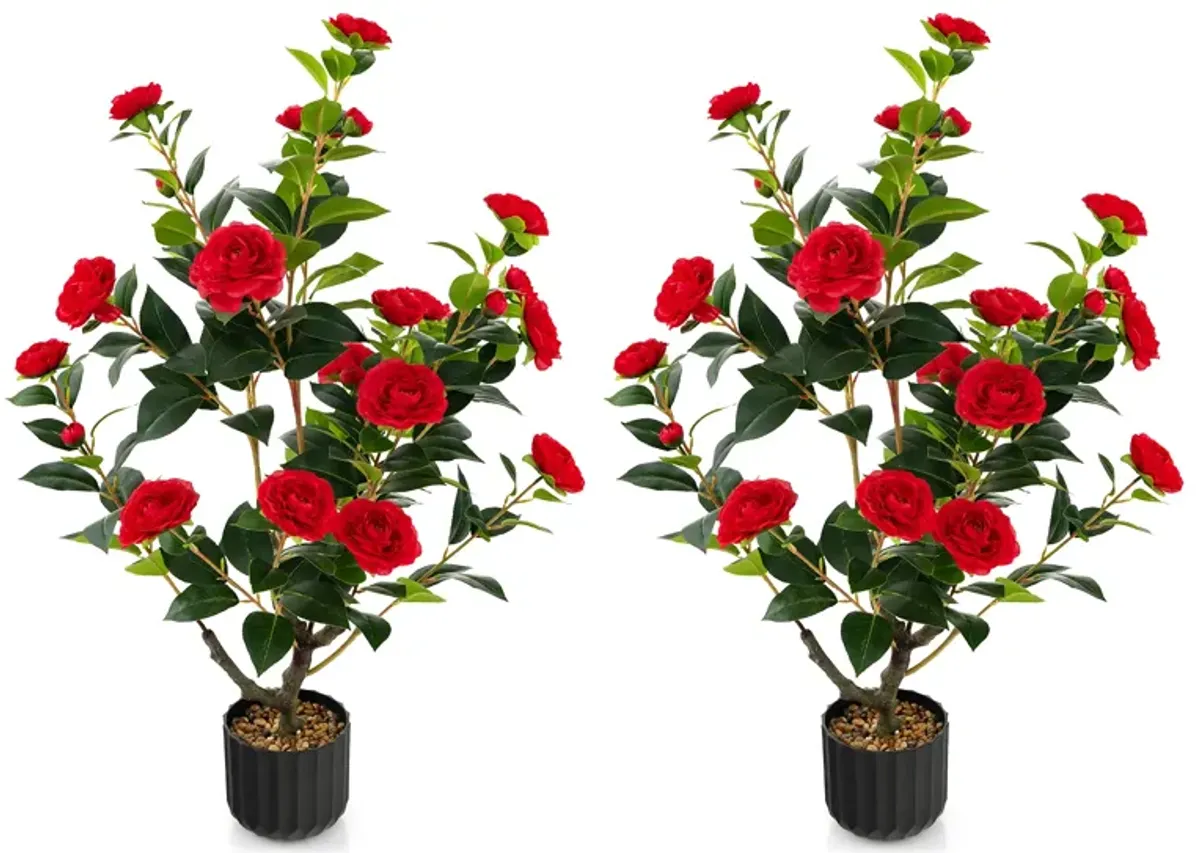 38 Inch Artificial Camellia Tree Faux Flower Plant in Cement Pot 2 Pack