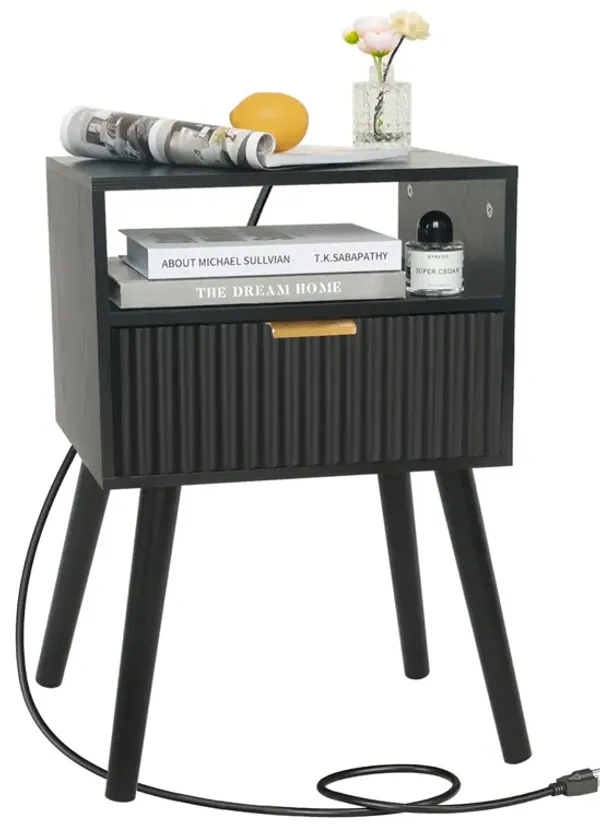 Fultyle Black Nightstand with Charging Station, Mid Cetury Modern Nightstand with Drawers, Fluted End Side Table Living Room for