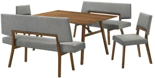 Yumi 5 Piece Dining Table Set, Chairs and Benches, Gray Fabric, Wood Brown - Benzara