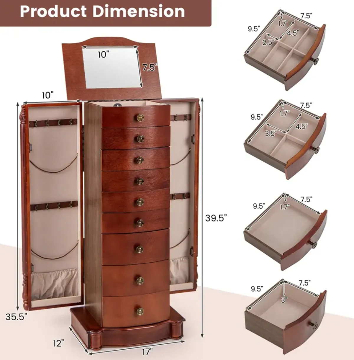 Large Wooden Jewelry Storage Box Organizer