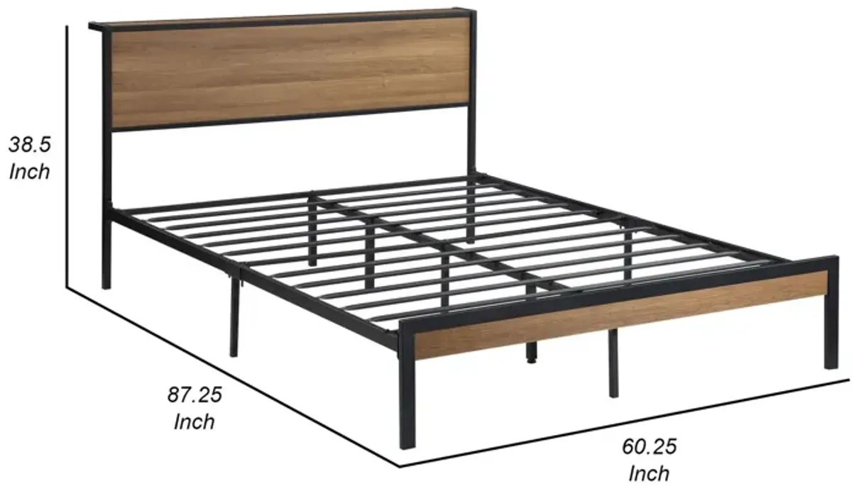 Rick Queen Size Platform Bed, MDF Panel Headboard, Brown, Black Metal - Benzara