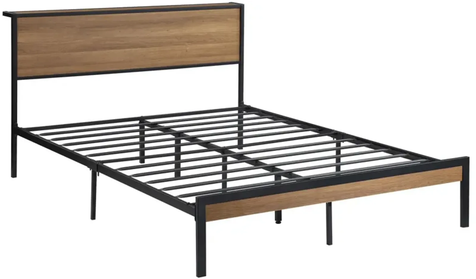 Rick Queen Size Platform Bed, MDF Panel Headboard, Brown, Black Metal - Benzara