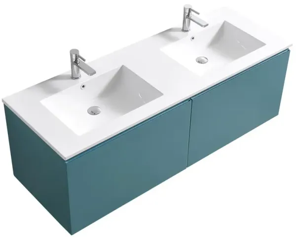 Kubebath Balli 60'' Double Sink Wall Mount Modern Bathroom Vanity in Teal Green Finish