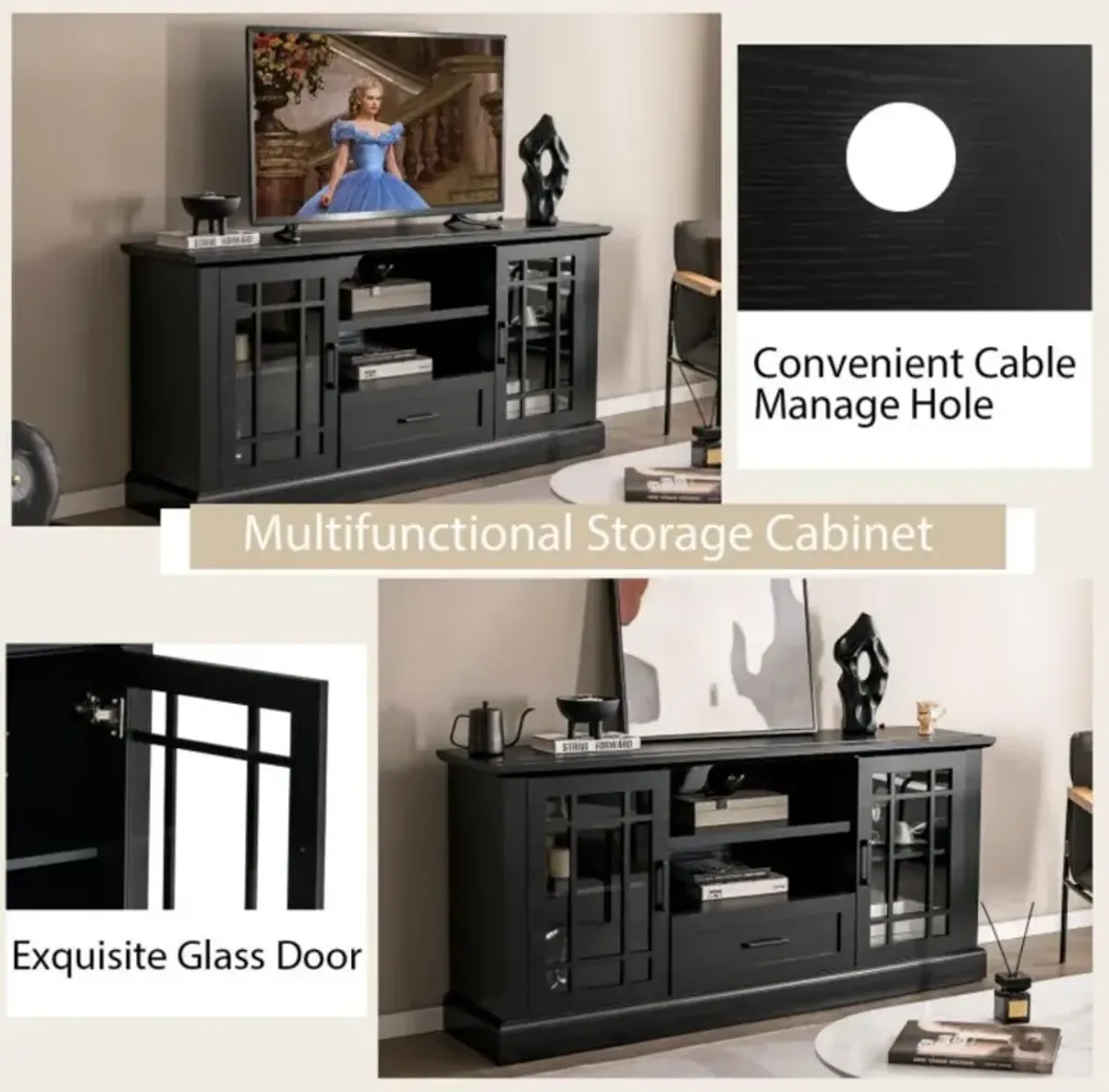 Hivvago TV Stand for TVs up to 70  with Glass Doors Cubbies and Drawer