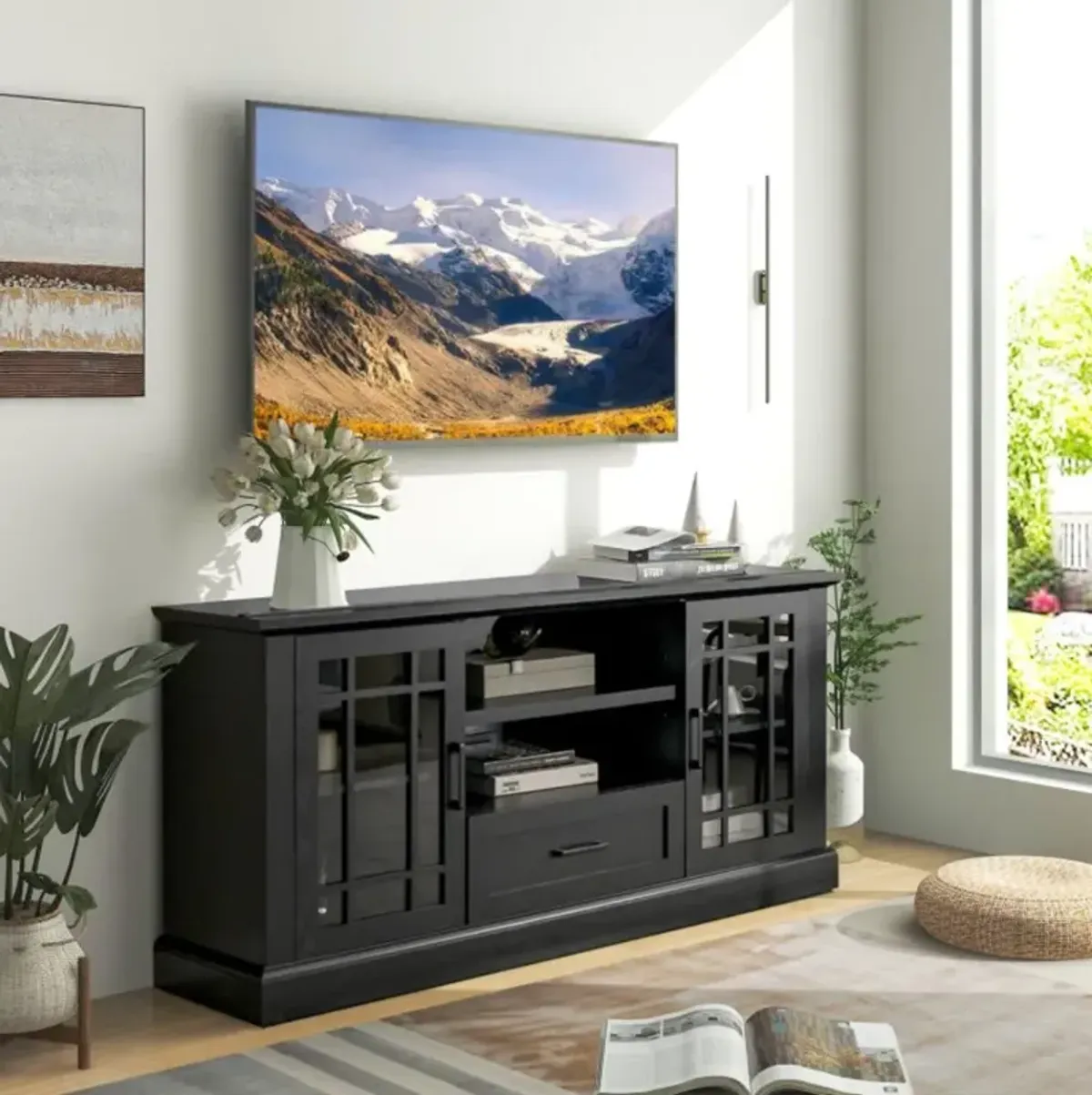 Hivvago TV Stand for TVs up to 70  with Glass Doors Cubbies and Drawer-Black