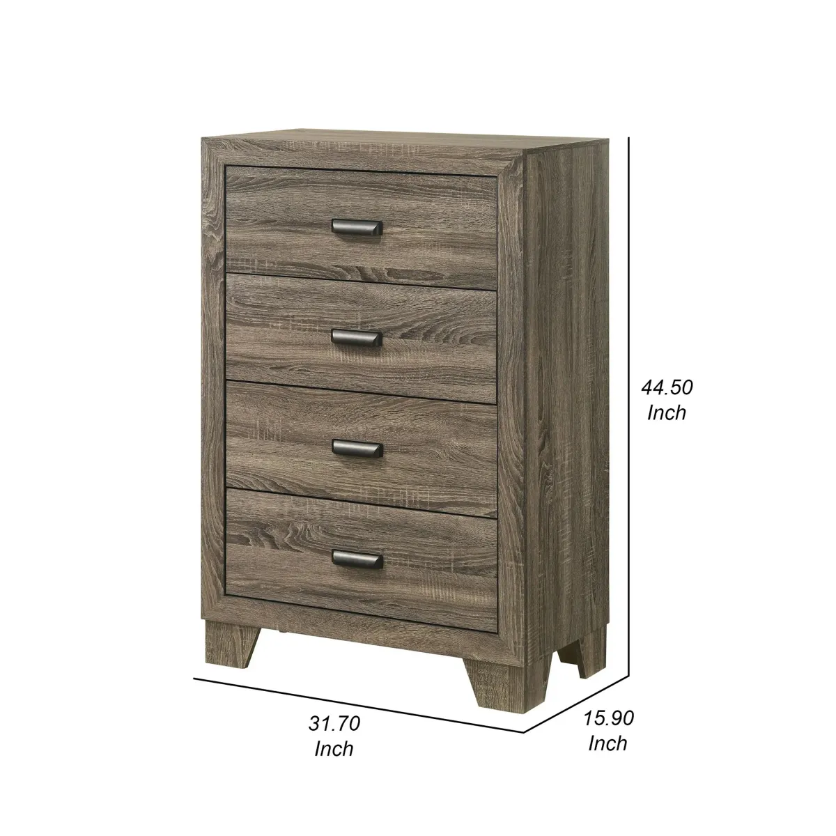 Shannon 45 Inch Tall Dresser Chest, Wood, Metal Handles, 4 Drawers, Brown - Benzara